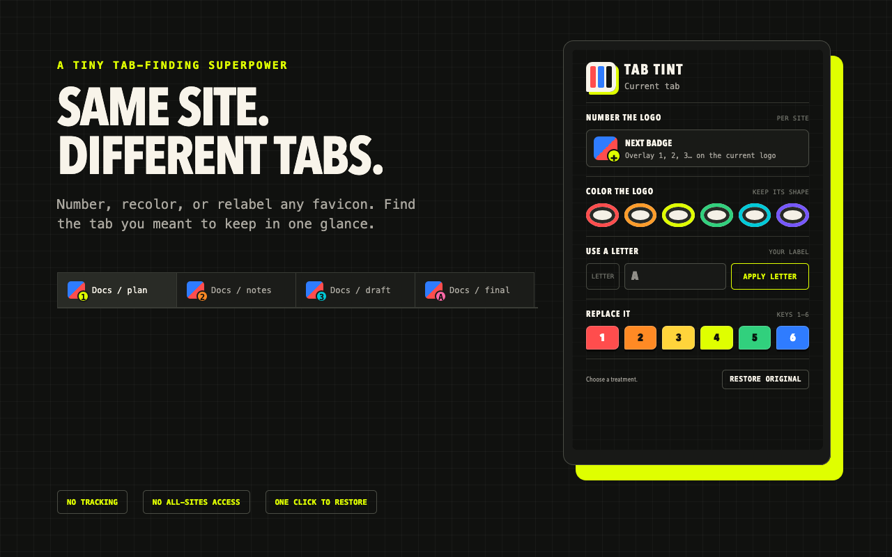 Tab Tint toolbar showing number, color, letter, and solid marker controls
